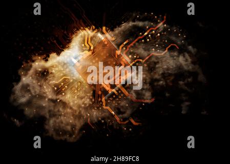 Cloud computing concept yellow computer circuit board pattern and real cloud on black background. Stock Photo
