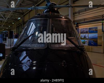 Kazan, Russia. 12 November 2021. The new Ansat helicopter at the helicopter plant in Kazan, Russia. Russian light multi-purpose helicopter Kazan Ansat  Stock Photo