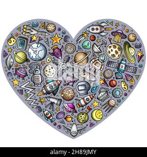 Colorful vector hand drawn set of Spacel cartoon doodle objects, symbols and items. Heart form composition Stock Vector