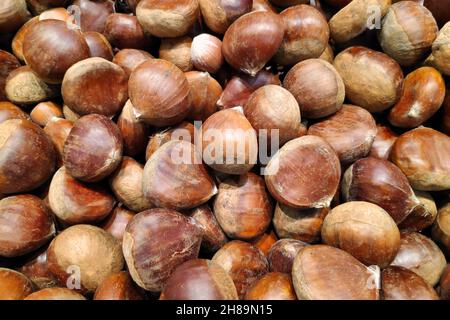 Close-up on a stack of chestnuts for sale on a market stall. Stock Photo