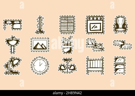 furniture line doodle art sticker vector illustration isolated background Stock Vector