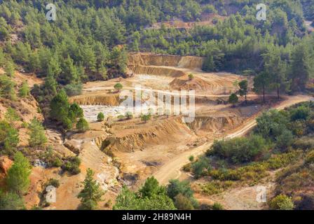 Ecosystem restoration. Reforestation in former open pit mine area in Cyprus, aerial view Stock Photo