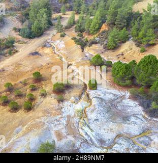 Environmental damage at abandoned pyrite mine site in Cyprus, aerial view Stock Photo