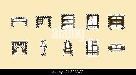 furniture line doodle art sticker vector illustration isolated background Stock Vector