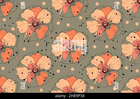 Vector floral seamless design. Coral-colored flowers on an olive-colored background. Stock Vector