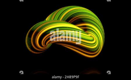 Coloured curved figure torus. Three-dimensional animation of bundle of twisted in circle of luminous threads. Abstract neon animation of torus in isol Stock Photo