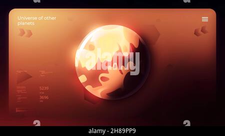 Visualization of a red credit card design with an unknown planet. Motion. Cosmic background with round shaped space object of a bank card abstract sam Stock Photo