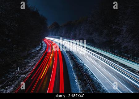 Road in England during the first snow night 2021 Stock Photo