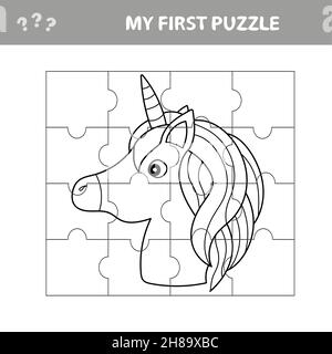 Puzzle game for kids. Cutting practice. Education developing worksheet with Unicorn. Activity page. Cartoon character. Coloring book Stock Vector