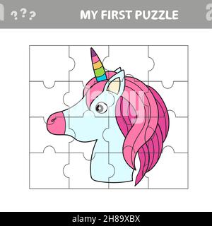 Puzzle game for kids. Cutting practice. Education developing worksheet with Unicorn. Activity page. Cartoon character. Stock Vector