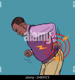 african elderly man back pain, osteochondrosis hernia sprain sciatica and other diseases of the spine and internal organs Stock Vector