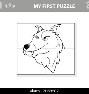 Vector puzzle game for children. Puzzle with wolf. Jigsaw game for kid. Visual, rebus, puzzle, educational game for preschool child. Coloring page Stock Vector