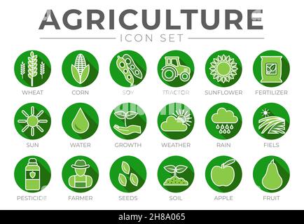 Green Colorful Agriculture Round Icon Set of Wheat, Corn, Soy, Tractor, Sunflower, Fertilizer, Sun, Water, Growth, Weather, Rain, Fields, Pesticide, F Stock Vector