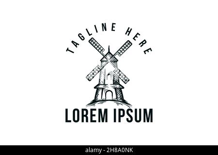 hand drawn wind mill, vintage logo design Stock Vector