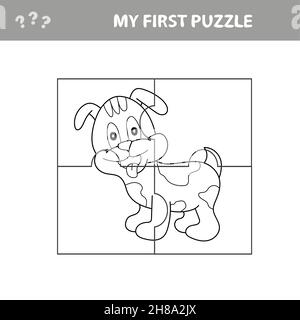 Cartoon Vector Illustration of Educational Jigsaw Puzzle Game for Children with Funny Dog Character. My first puzzle with coloring page Stock Vector