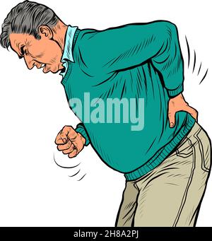 an elderly man back pain, osteochondrosis hernia sprain sciatica and other diseases of the spine and internal organs Stock Vector