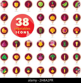 Vegetables flat retro vector pin map icons set. Map pointer. Map markers. Vector illustration eps 10 Stock Vector