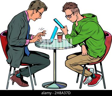 two men in a cafe are working on a laptop and a smartphone. Freelance in a restaurant Stock Vector