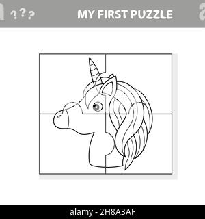 Puzzle game for kids. Cutting practice. Education developing worksheet with Unicorn. Activity page. Cartoon character. Coloring book Stock Vector