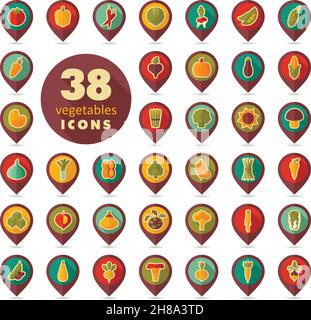 Vegetables flat retro vector pin map icons set. Map pointer. Map markers. Vector illustration eps 10 Stock Vector