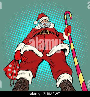 Pretentious Santa Claus bottom up view. Christmas and New Year, winter seasonal holiday in December Stock Vector