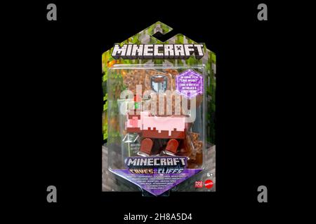 Irvine, Scotland, UK - November  15, 2021: Mattel branded Minecraft themed plastic toy in partially recyclable cardboard display. Suitable for childre Stock Photo