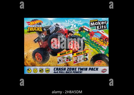 Irvine, Scotland, UK - November  15, 2021:  Bladez Toyz branded Hot wheels monster trucks assembly kit for young persons contained in a cardboard recy Stock Photo