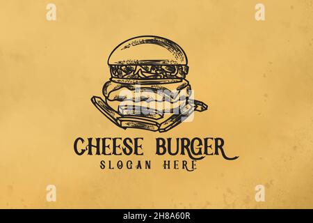 hand drawn burger and french fries, fast food logo Designs Inspiration Isolated on White Background Stock Vector