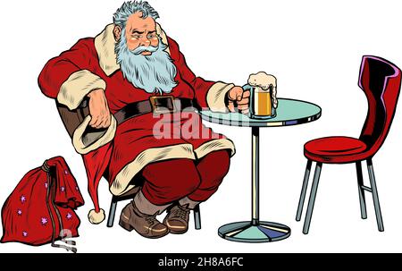 Santa Claus drinks beer at the bar, Christmas holiday after work Stock Vector