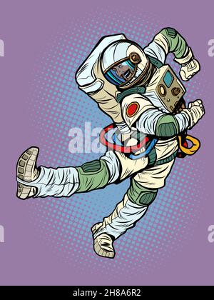 Joy dance jump The characteristic emotional pose of a astronaut man Stock Vector