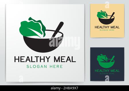 bowl, spoon, and vegetables, children food logo Designs Inspiration Isolated on White Background Stock Vector