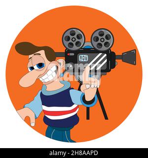 Man with a cheeky smile and big nose pointing at film camera round sticker label Stock Vector