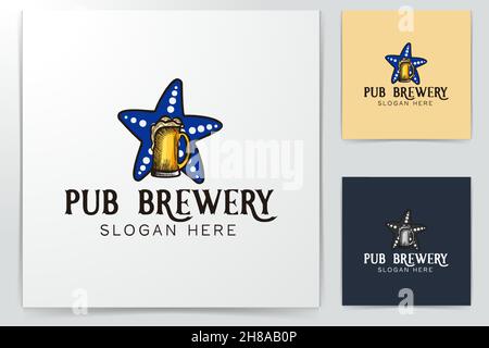 star fish and a glass of beer, brewing logo Designs Inspiration Isolated on White Background Stock Vector