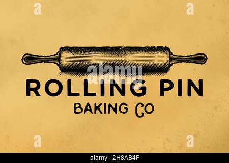 hand drawn rolling pin, vintage bakery logo Designs Inspiration Isolated on White Background Stock Vector