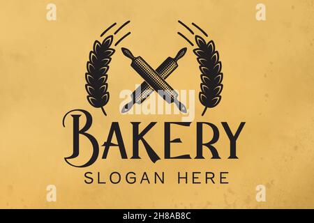 Bakery shop retro badge with crossed rolling pin and wheat grain logo Stock Vector