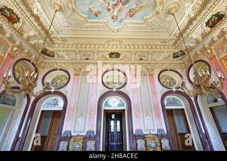 Pink Salao Nobre-Noble Hall-gilded stucco friezes-relief cherubs-fresco painted ceiling. Estoi-Algarve-Portugal-005 Stock Photo