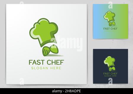 chef hat, spoon and fork fast delivery logo Stock Vector