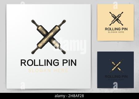 hand drawn crossed rolling pin, vintage bakery logo Designs Inspiration Isolated on White Background Stock Vector