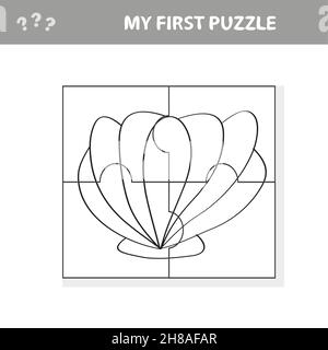 Kids entertaining game with a sea shell puzzle piece in a vector illustration of marine life - my first puzzle. Coloring page Stock Vector