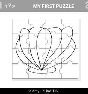 Kids entertaining game with a sea shell puzzle piece in a vector illustration of marine life - my first puzzle. Coloring page Stock Vector