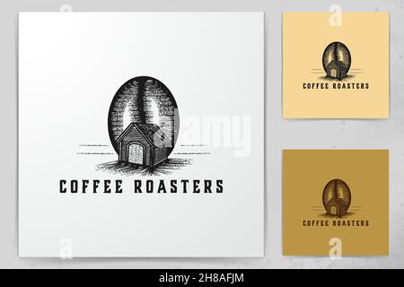 hand drawn coffee bean and house, house coffee production logo Designs Inspiration Isolated on White Background Stock Vector