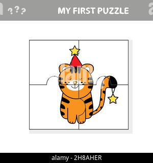 Puzzle game for children - Christmas tiger, education game for kids. Cute tiger Stock Vector