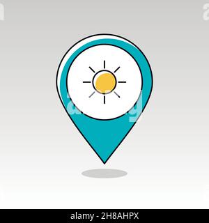 Sun outline pin map icon. Map pointer. Map markers. Meteorology. Weather. Vector illustration eps 10 Stock Vector