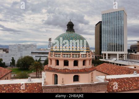 Old Pima County Courthouse in Tucson while being renovated, aerial  Stock Photo