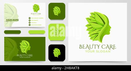 Beauty Care Woman Face, Nature Leaf Logo, Vector Illustration Stock Vector