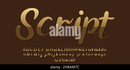 Golden Script Alphabet Font vector illustration isolated Background Stock Vector