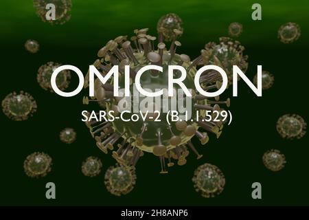 3D render of omicron variant of the coronavirus with text. Stock Photo