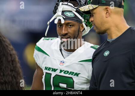 Houston, TX, USA. 28th Nov, 2021. New York Jets wide receiver Jeff Smith (16) prior to an NFL football game between the New York Jets and the Houston Texans at NRG Stadium in Houston, TX. The Jets won the game 21-14.Trask Smith/CSM/Alamy Live News Stock Photo