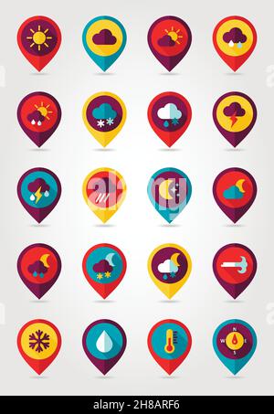 Meteorology Weather flat pin map icons set. Map pointer. Map markers. Vector illustration eps 10 Stock Vector