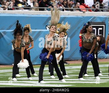 Jacksonville, United States. 28th Nov, 2021. The Jacksonville Jaguars Rorar Cheerleaders perform in the second half as the Falcons compete against the Jaguars at the TIAA Bank Field in Jacksonville, Florida on Sunday, November 28, 2021. The Falcons defeated the Jaguars 21-14. Photo by Joe Marino/UPI Credit: UPI/Alamy Live News Stock Photo